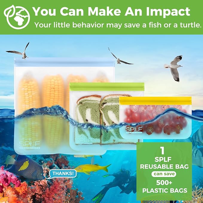 SPLF 6 Pack Reusable Gallon Freezer Bags Dishwasher Safe, BPA Free 1 gallon Leakproof Silicone and Plastic Free Food Storage Bags for Meal Prep, Fruits, Sandwich, Snack, Travel Items - Muticolor