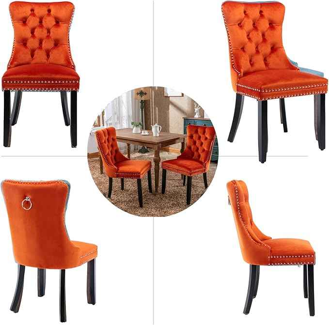 Velvet Dining Chairs Set of 6, Upholstered Dining Room Chairs with Back Ring Pull Trim and Solid Wood Legs,Tufted Wingback Kitchen Chair Perfect for Dining Room,Living Room,Kitchen(Orange)
