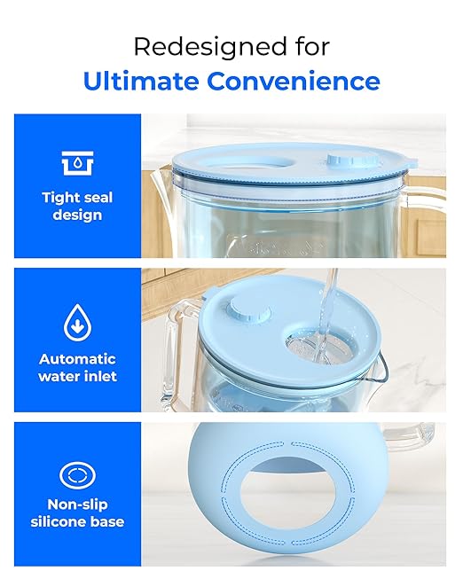 Waterdrop PT-09B-A 10-Cup Large Glass Alkaline Water Filter Pitcher, Eco-Friendly, Enhances Alkaline Water, for Home & Office, Reduces PFOA/PFOS, Chlorine, Cadmium, Copper & Mercury, Blue