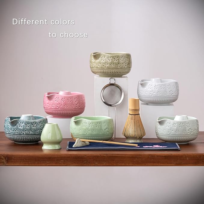 Buucup Matcha Whisk Set, Ceramic Matcha Kit Set Includes Matcha Bowl, Matcha Whisk and Holder, Bamboo Scoop, Scoop Rest, Sifter and Tea Towel - 7 Pcs Matcha Kit for Matcha Lovers (Mottled Green)