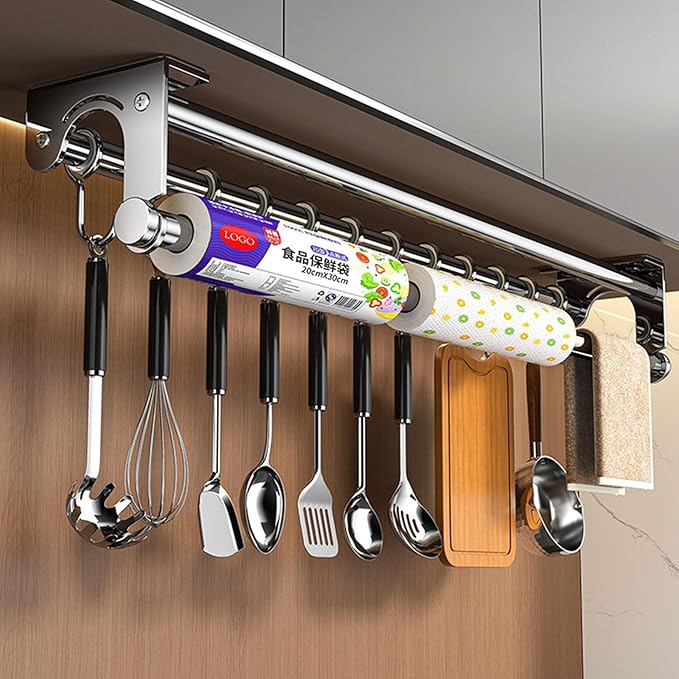 Hanging Wall Mount Knife Wall Mount,Kitchen Utensil Hanger,Space-Saving Kitchen Utensil Rack with Hooks,Kitchen Storage Shelf for Utensils Spatula Spoon, Easy to Clean (Grey, 40CM+8Hook)
