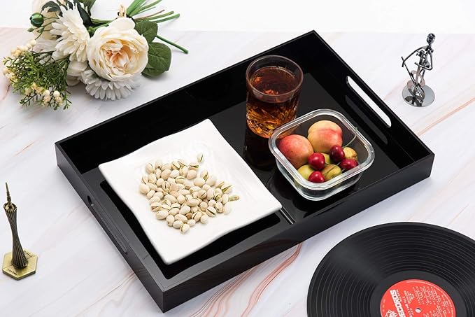 Glossy Black Sturdy Acrylic Serving Tray with Handles-12x16Inch-Serving Coffee,Appetizer,Breakfast,Butler-Kitchen Countertop Tray-Makeup Drawer Organizer-Vanity Table,Ottoman Trays-DecorativeTray