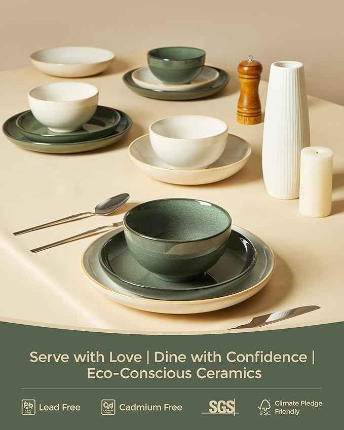 Stoneware Dinnerware Sets, Ceramic Plates and Bowls Set, Microwave & Dishwasher Safe Kitchen Dishes, Modern Dinner Salad Plates | Cereal Bowls, Dishware Sets Service for 4 Forest Green