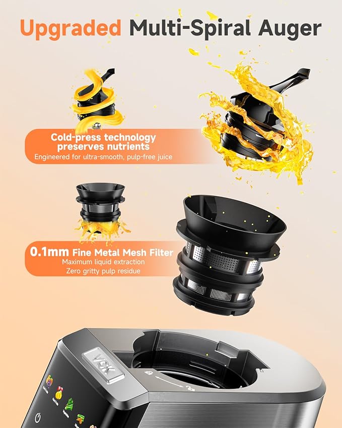 VCK Cold Press Juicer - Large 5.12" Feed Chute, Easy to Clean Slow Masticating for Nutrient Retention Quiet Motor -Silver