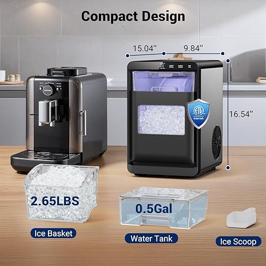 Nugget Ice Maker, 44lbs/24h Ice Makers Countertop, Soft Ice Ready in 5-10Mins Pebble Ice Maker, Self-Cleaning Pellet Ice Maker for Home, Kitchen, Office, Party