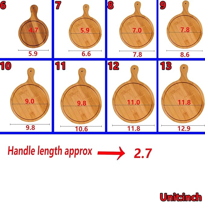 6 Pack Pizza Board Set – Premium Wooden Pizza Plates for Serving & Cutting, Round Bamboo Pizza Plate with Handle, Durable & Lightweight for Home & Restaurant (Up to 13 Inches),10inch