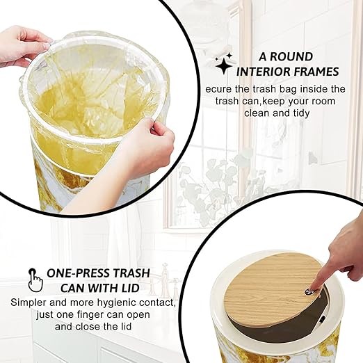 Trash Can with Lid Marble Golden Texture Wall Press Top Round Small Garbage Bin with Wooden Legs Waste Basket for Kitchen Bedroom Nursery 7L/1.8 Gallon