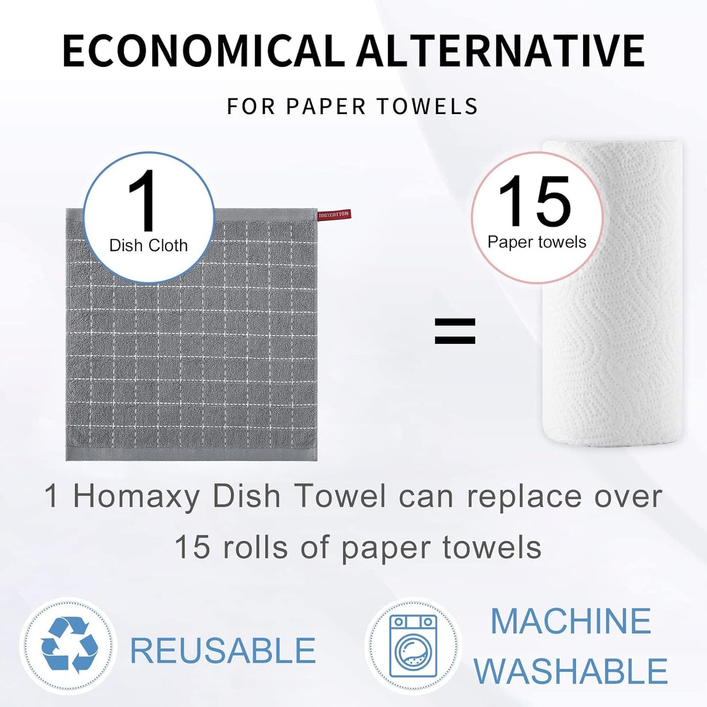 Homaxy 100% Cotton Terry Kitchen Dish Cloths, Ultra Soft and Absorbent Dish Towels for Kitchen, Suitable for Drying and Washing Dishes, 12 Pack, 12 x 12 Inches, Grey
