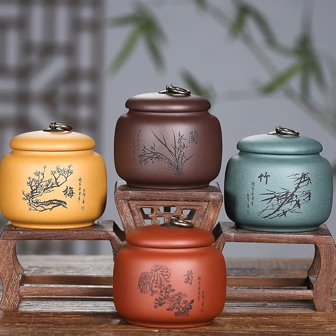 Yixing Clay Jar 17.5 Oz,Zisha Loose Leaf Tea Storage Canister Pot,Keep Bulk Tea Tidy and Fresh -Yellow,Plum