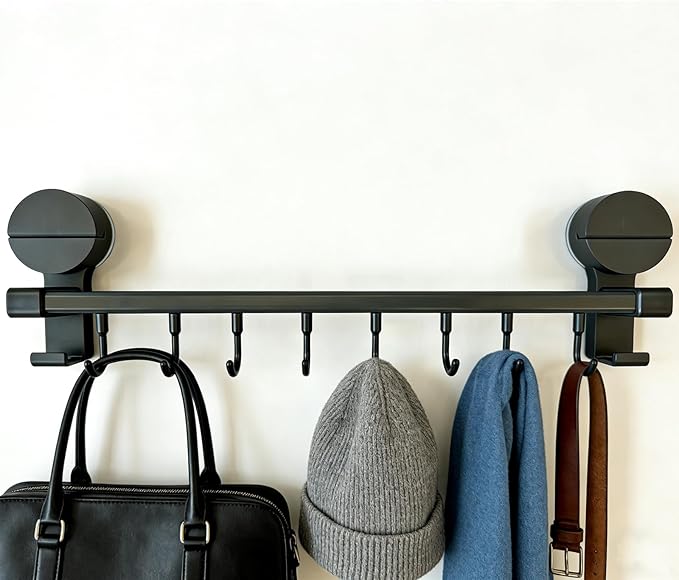 Wall Mounted Utensil Hook Rack with 8 Hooks, No Drill Installation, Space Gray Finish, Kitchen Organizer for Coats, Bags, and Accessories,Suction Cup Storage (1Pack)