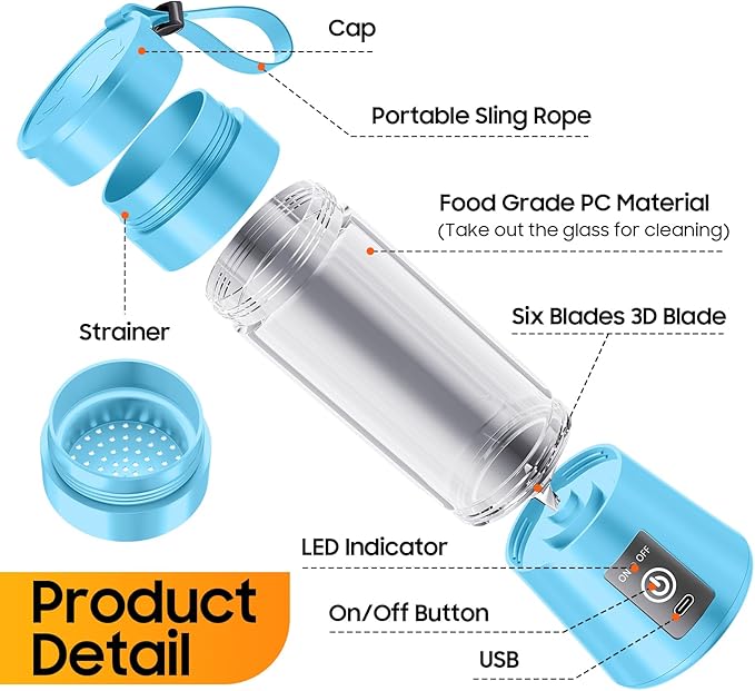 Cordless Portable Personal Size Blender - Mini Blender Make Smoothies and Shakes, 380Ml BPA Free Travel Cup, Powerful Blending Suit in Office/Home/Gym, Mother's Day