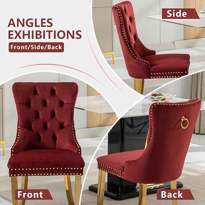 Velvet Dining Chairs Set of 6, Kitchen Chairs Set of 6, Tufted Upholstered Dining Room Chair, Back Ring Pull Trim, Golden Stainless Steel Legs, Wine Red
