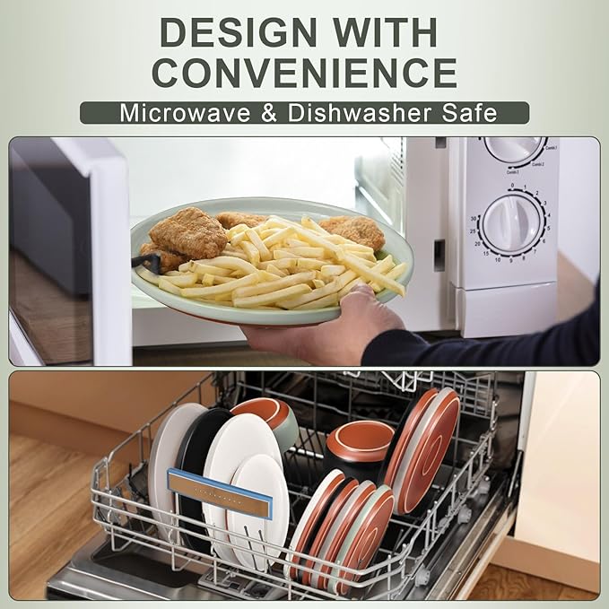 E-far 18-Piece Stoneware Dinnerware Sets, Plates and Bowls Sets for 6, Ceramic Dishware Dishes Set with Terracotta Base, Chip & Scratch Resistant, Microwave & Dishwasher Safe, Speckled Green