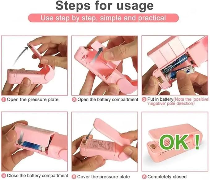 Sealing Machine, 6pcs Mini Heat Bag Packaging Sealer Portable Plastic Bag Clip Sealing Machine Food Storage Sealer Snack Sealer Kitchen Helper(Pink)