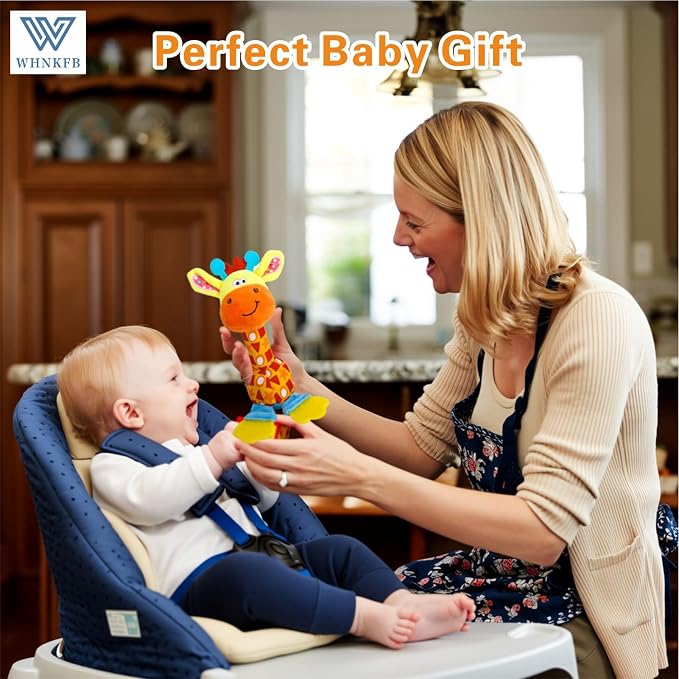 Baby Teether Rattle Toy - Soft Giraffe Plush with Crinkle Squeaky Sound, Sensory Shaker for Newborns 0-12 Months, Infant Learning and Travel Stroller Toy