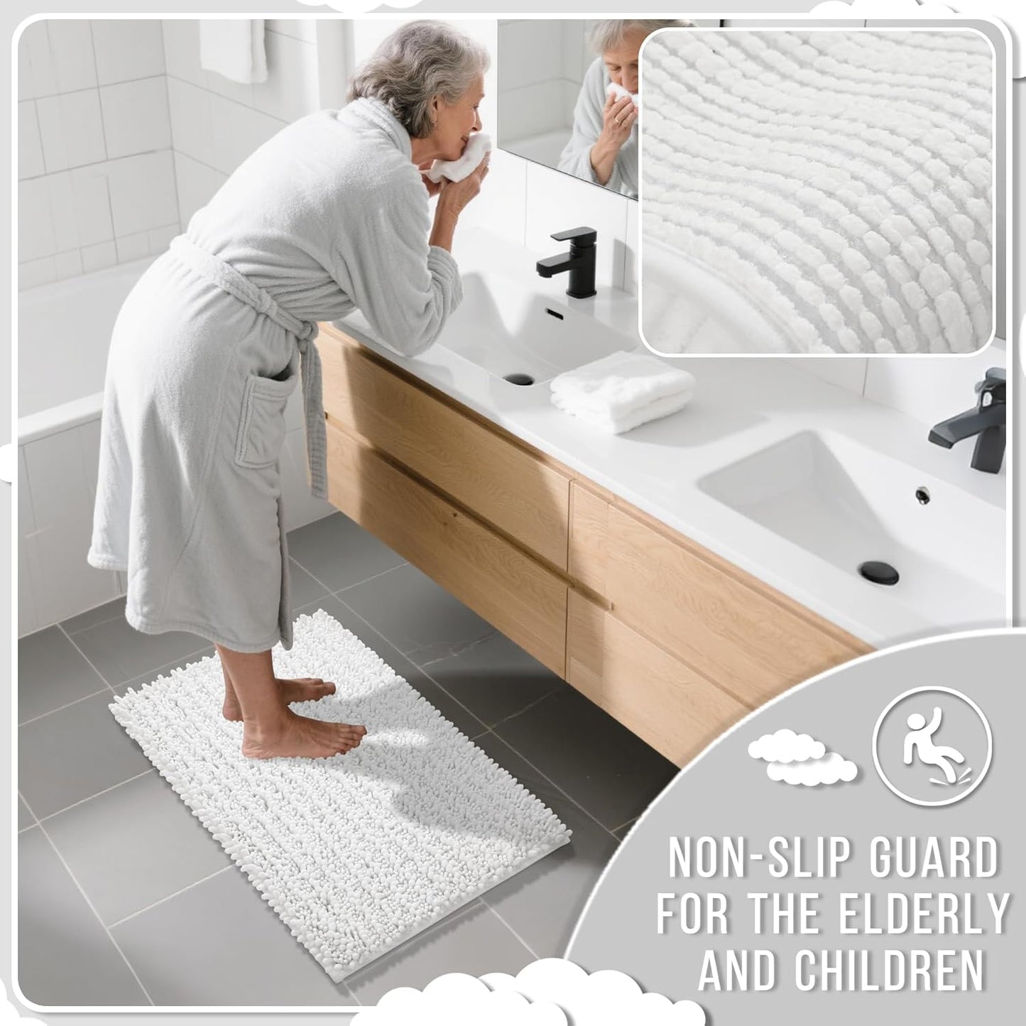 Yimobra Bathroom Rugs Non Slip Washable 24x17 Inch - Ultra Soft Absorbent Chenille Bath Mat, Quick Dry Shaggy Floor Carpet for Tub Shower, White Home Decor Accessories