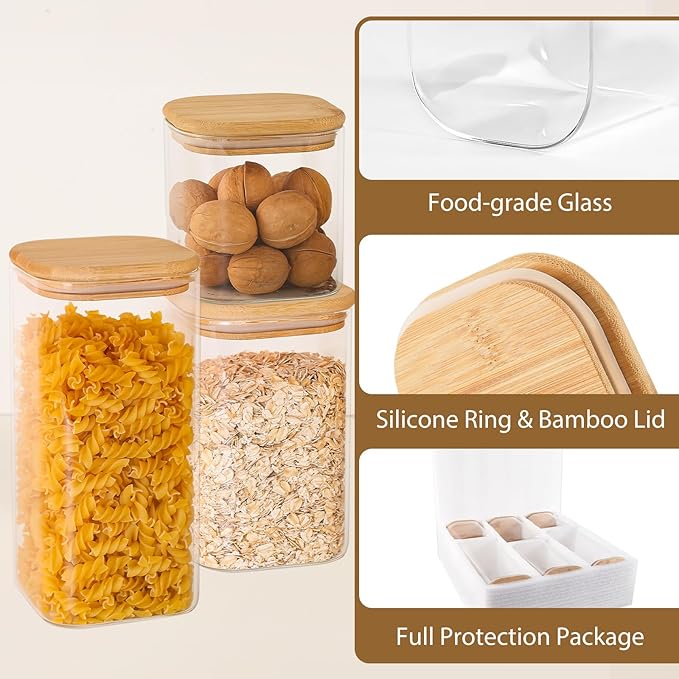 TBWIND 6 Pack Square Glass Storage Containers with Bamboo Lids (24oz/37oz/51oz) – Clear Food Airtight Canisters Sets for The Kitchen, Glass Jars for Coffee Beans, Coffee, Flour, Snacks, Spices