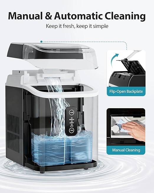 Aeitto Nugget Ice Maker Countertop, 42lbs/24H Ice Machine with 1.5L Water Tank, Rapid Ice Release in 6 Mins, Self-Cleaning Pebble Ice Maker with Basket and Scoop for Home Office RV and Party, Black