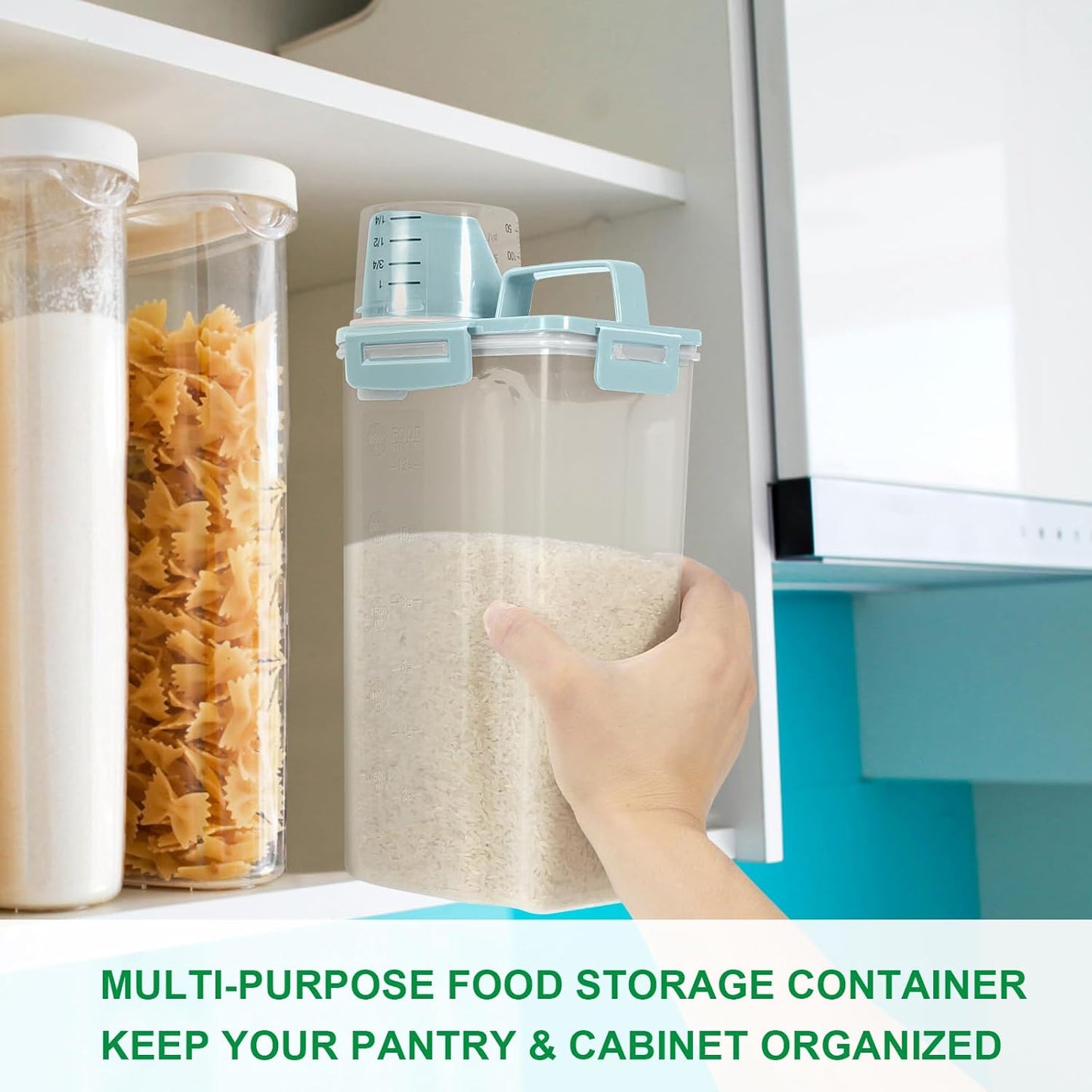 TBMax Rice Container Cereal Storage Container 2 Pack 5 Lbs, Plastic Kitchen Pantry Food Storage Container with Cup, Small Pet Dog Cat Food Dispenser -Blue