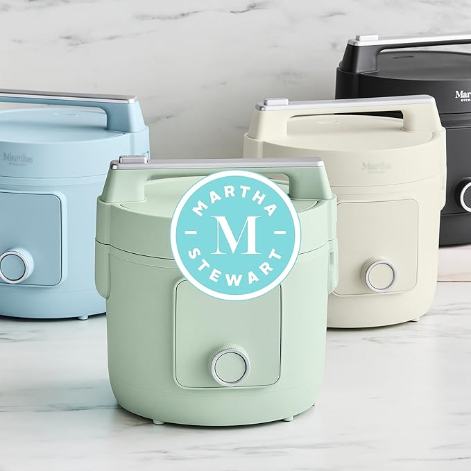 Martha Stewart Rice Cooker, 4 Cup (Uncooked) / 8 Cup (Cooked), Ceramic Non-Stick Removable Pot, Keep Warm, Measure Markings, Steam Basket, Brown & Sushi Rice, Quick Cook, Quinoa, Grains, Oats, Sky Blue