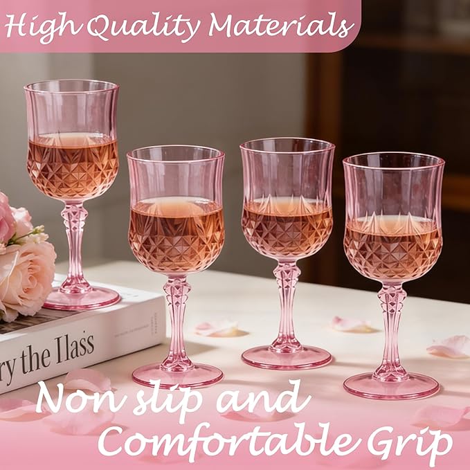 Plastic Wine Glasses, Plastic Goblets Vintage Style Cordial Unbreakable Drinking Glasses, Reusable Drinkware for Wedding Reception, Grand Event Party Supplies, Mother's Day(48, Pink)