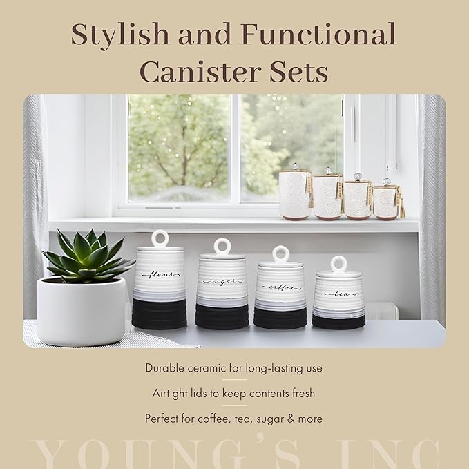 Youngs 21207 Ceramic Canister with Wood Lid and Silicon Seal, Crystal Knob and Blessing Bead Tassel Accent, 4-piece Set