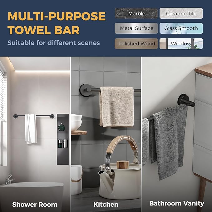 14.6inch~24inch Towel Racks for Bathroom,Adjustable Suction Cup Towel Bar for Bathroom Wall,Stainless Steel Bath Towel Holder for Shower,2 Pack(Matte Black)