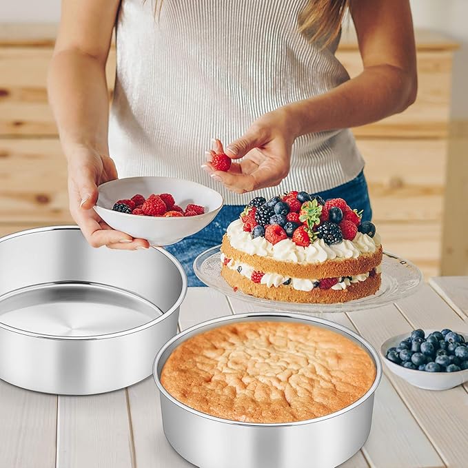 P&P CHEF 8 Inch Cake Pans Set, Round Baking Pan Stainless Steel Layer Birthday Wedding Cake Oven Pans, Non Toxic & Heavy Duty, Deep Side & Mirror Finish, Dishwasher Safe, (2Pcs)