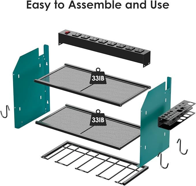 CCCEI Modular Power Tool Organizer Wall Mount with Charging Station. Garage Drill Storage Shelf with Hooks, Heavy Duty Rack, Tool Battery Holder Built in 8 Outlet. Gift for Men. Navy Blue, 2 Pack.