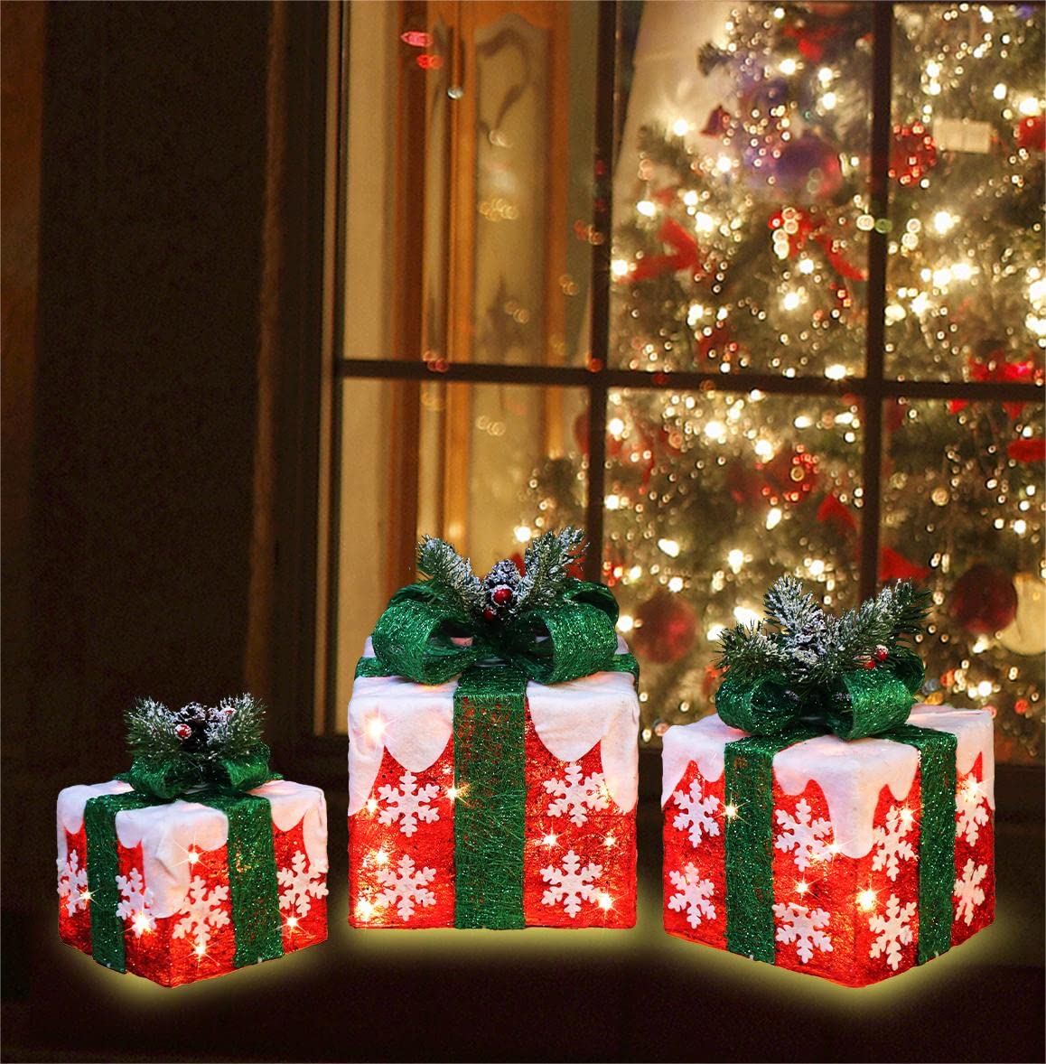 GLOWNOVA [Large 10"x8.5"x6.5" Christmas Set of 3 Lighted Gift Boxes Decorations Pre-lit 70 Super-Bright LED with Flashers,for Indoor Outdoor Christmas Tree Skirt Ornament Pathway Holiday Party Home