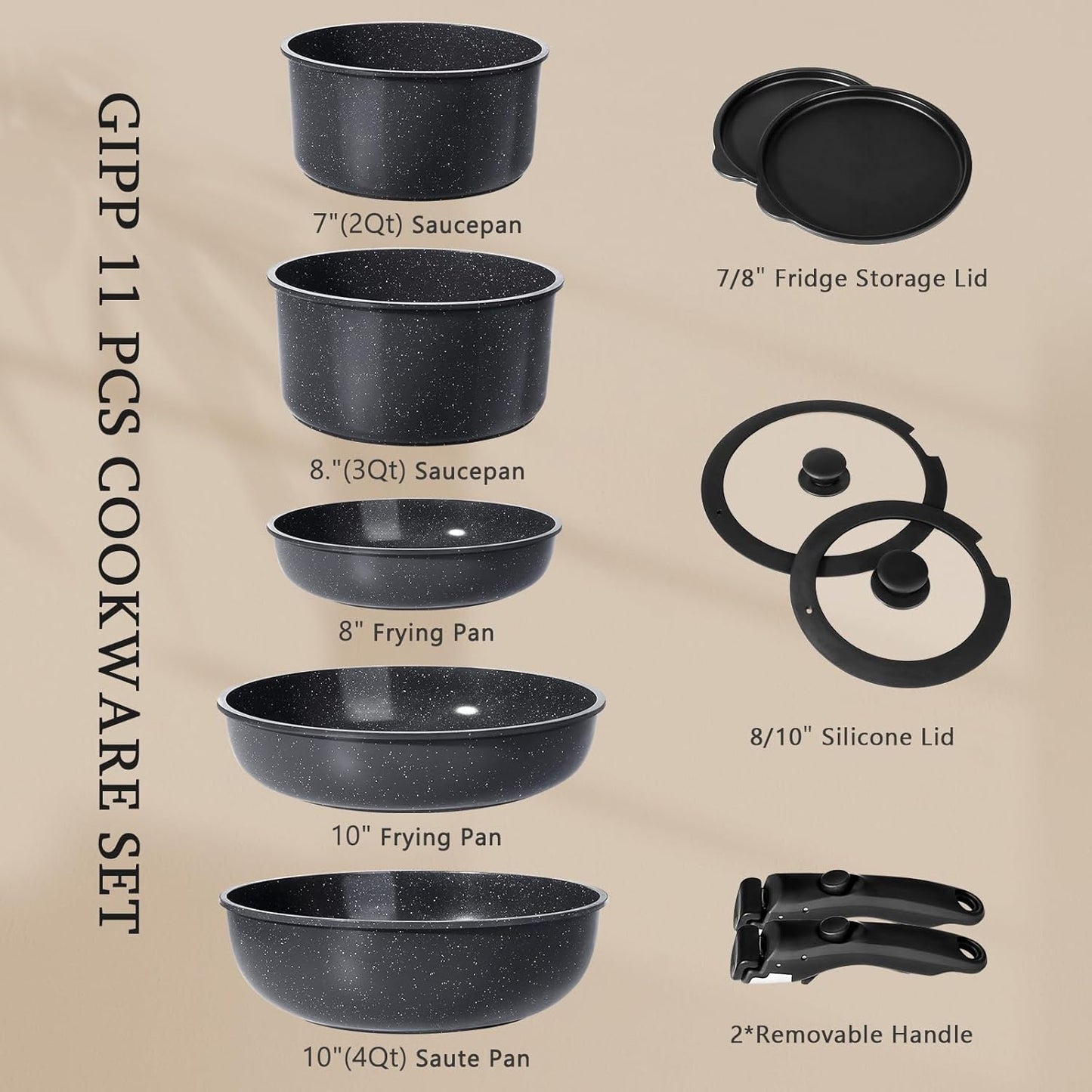 GiPP Ceramic Pots and Pans Set Non Stick, 11 Piece Nonstick Detachable Handle Cookware Sets, Non Toxic Induction Kitchen Pot and Pan with Removable Handle, Healthy RV Cookware, Dishwasher &Oven Safe