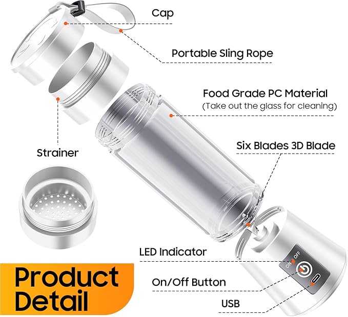 Cordless Portable Personal Size Blender - Mini Blender Make Smoothies and Shakes, 380Ml BPA Free Travel Cup, Powerful Blending Suit in Office/Home/Gym