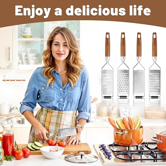 SHIKORI Stainless Steel Cheese Grater with Natural Wood Handle for Parmesan Cheese Lemon, Ginger, Cheese, Nutmeg, Potato, Chocolate and Garlic, With Protective Cover-Round Hole