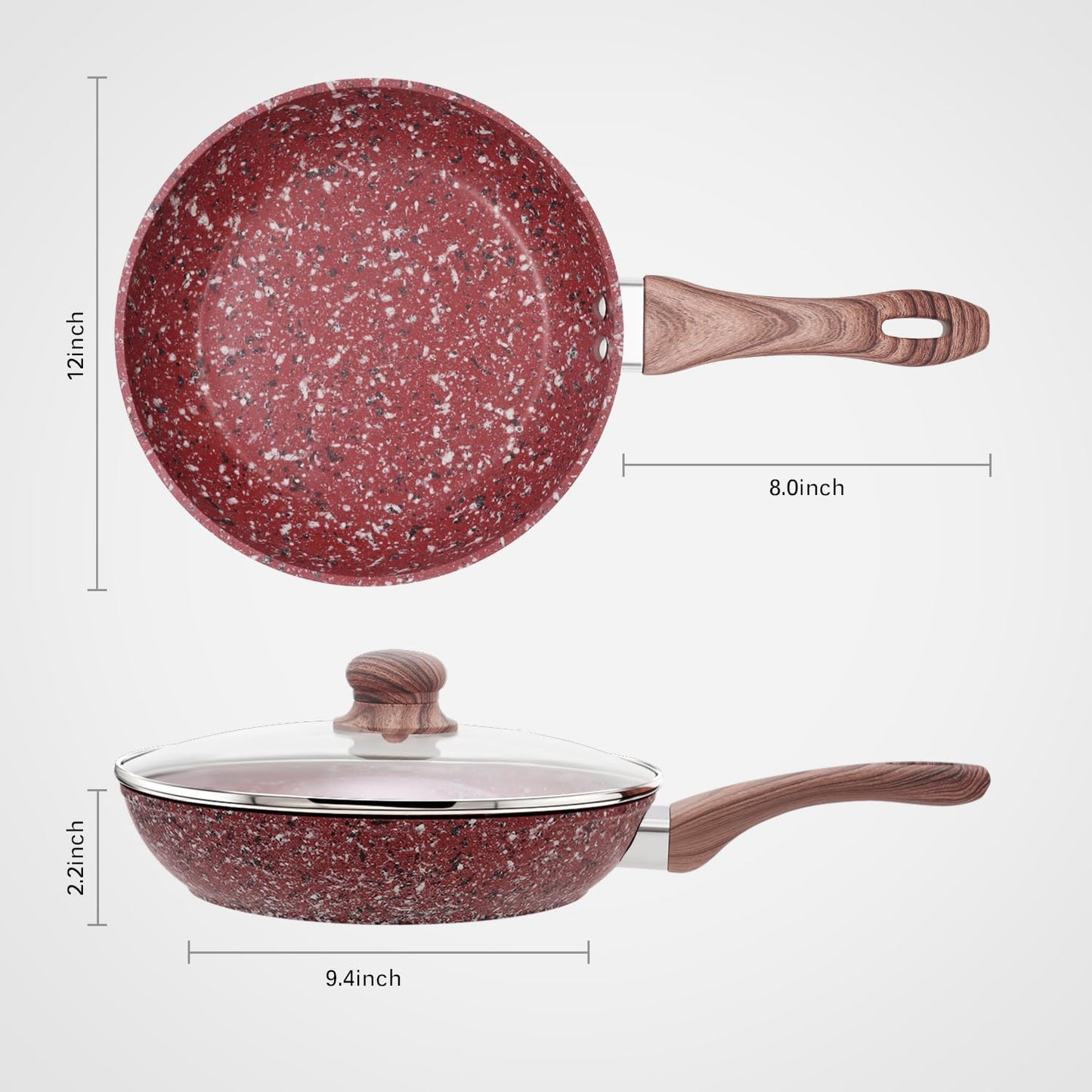 KOCH SYSTEME CS 12" Red Granite Non-Stick Frying Pan with Lid, Classic Pans with Non-toxic Nonstick Coating, Aluminum Skillet with Heat-resistant Bakelite Handle, Induction Compatible Frying Pan