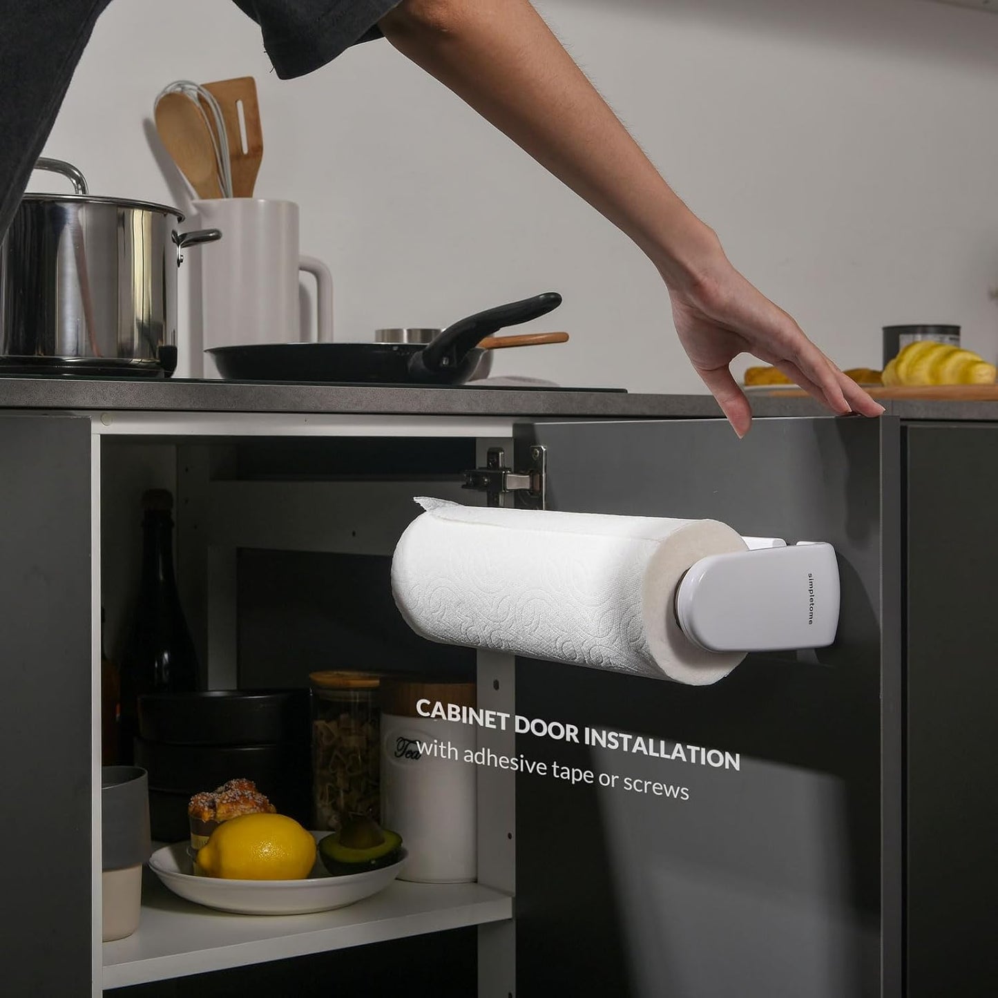 simpletome Paper Towel Holder Under Cabinet or Wall Mount ONE Hand Operation Tension Arm Kitchen Roll Holder (White, for 18-23cm/7-9inches roll)