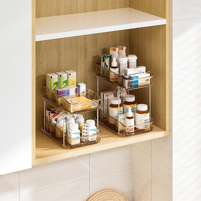Delamu 2-Tier Under Sink Organizers and Storage, Multi-Purpose Stackable Bathroom Cabinet organizers, Pull Out Kitchen Pantry Organization and Storage with Dividers(3 Pack, Amber)