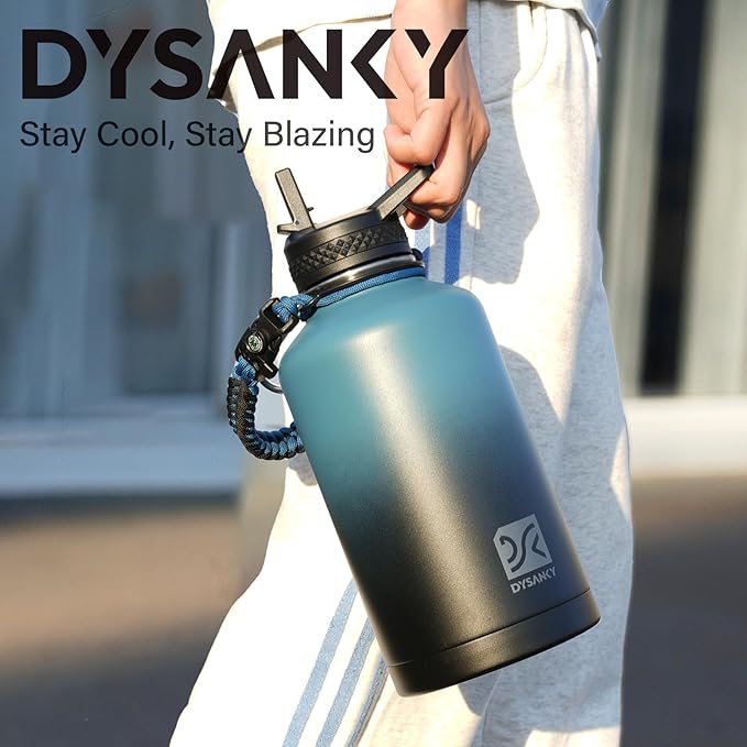 DYSANKY Insulated Water Bottle | Thickened Stainless Steel Vacuum Metal | Portable Sports Half Gallon Large Water Jug for Gym and Hiking with Straw, Carrier Bag, Handle Strap | BPA-Free 64 oz