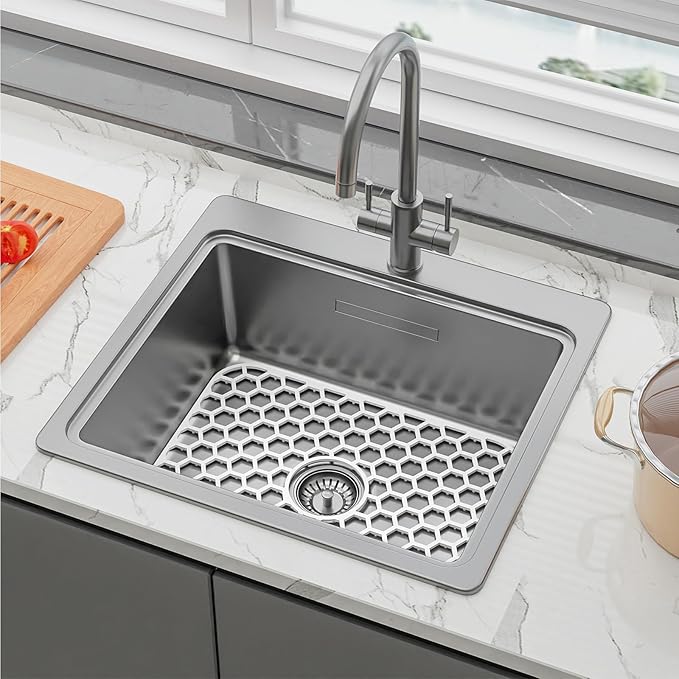 Bestjing Silicone Sink Protectors for Kitchen Sink with Center Drain - 18.2"x12.5" Kitchen Protector Accessory, Non-Slip Heat Resistant Mat for Bottom of Porcelain Stainless Steel (White)
