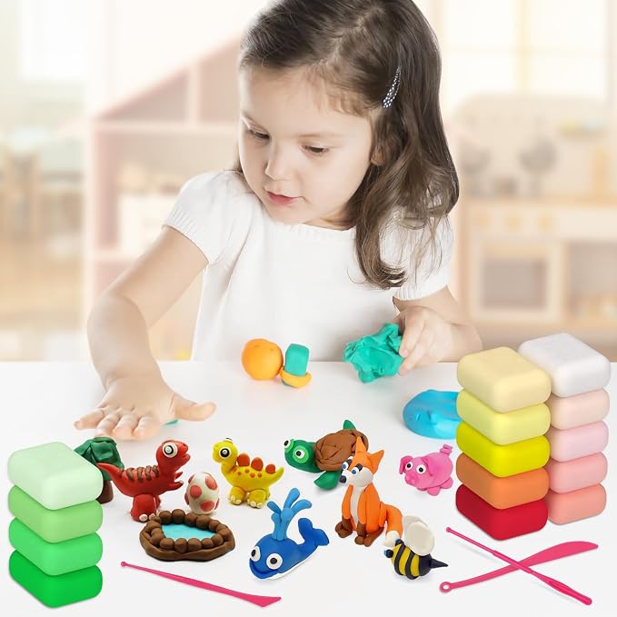Air Dry Clay 48 Colors,Modeling Clay for Kids, with 3 Sculpting Tools and 6 Sheets Dinosaur Stickers, Safe & Non-Toxic, DIY Molding Clay Gift for Boys and Girls