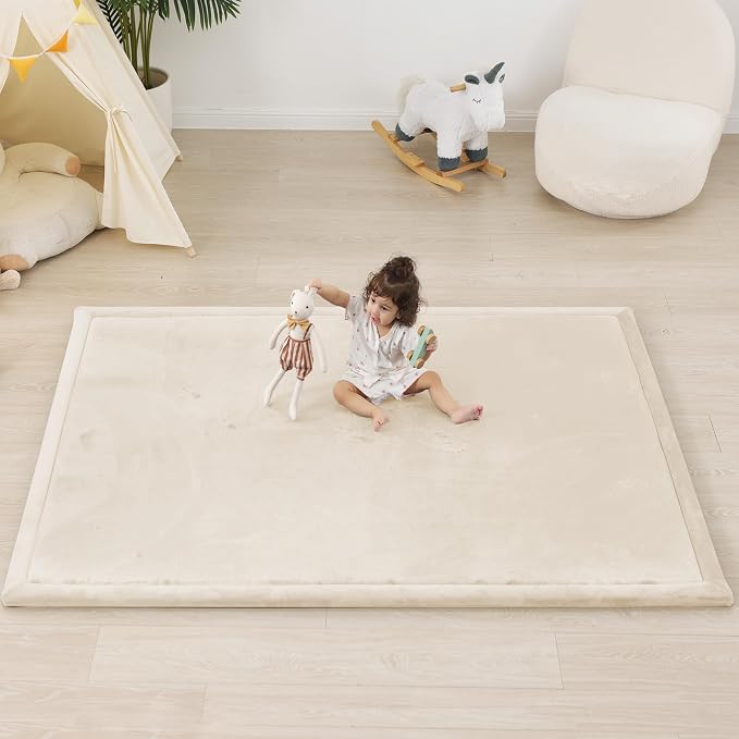 1.5" Thick Padded Baby Play Mat for Floor Tummy Time, Pro Soft Foam Activity Playroom Playmats, Easy Care with Non-Slip Safe for Infant Toddler Kids Crawling 39"x 59" (Beige)