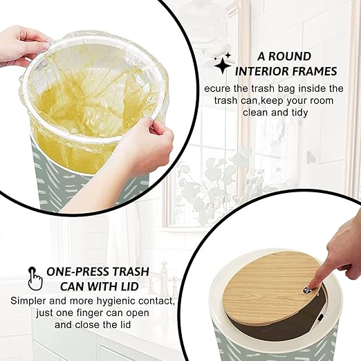 Trash Can with Lid African brush stroke mud cloth fabric Ethnic boho seamless sage green Press Top Round Small Garbage Bin with Wooden Legs Waste Basket for Kitchen Bedroom Nursery 7L/1.8 Gallon