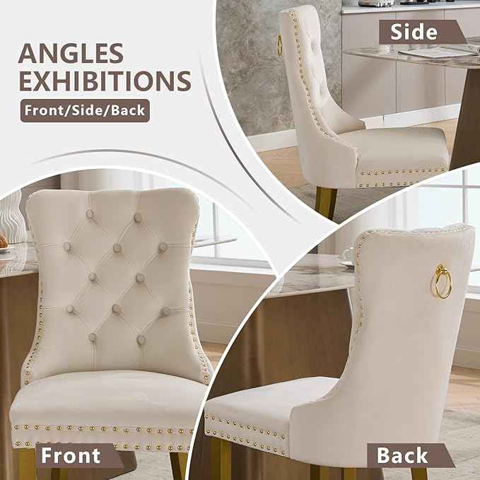 Velvet Dining Chairs Set of 4, Kitchen & Dining Room Chairs, Upholstered Dining Chairs with Back Ring Pull and Golden Solid Wood Legs, Modern Tufted Kitchen Chairs for Dining Room, Cream