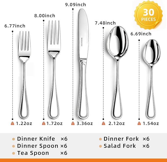 NICE KITCHEN Silverware set for 6,30 Pieces Premium Stainless Steel Silverware set,Mirror Polished Cutlery Set,Flatware Set for 6,Dishwasher Safe,Luster Series