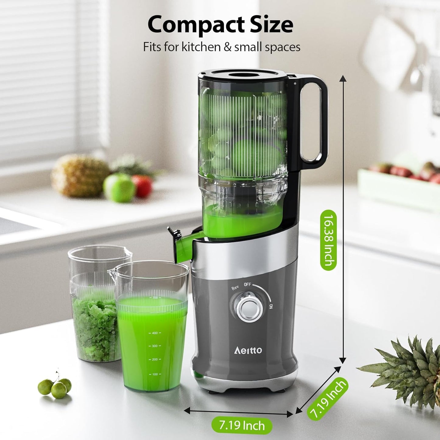 Aeitto Cold Press Juicer, Juicer Machines with 4.9" Large Feed Chute, Fits Whole Vegetables and Fruits, Professional Juice Maker, Easy to Clean, High Juice Yield, Easy to Assemble,Grey