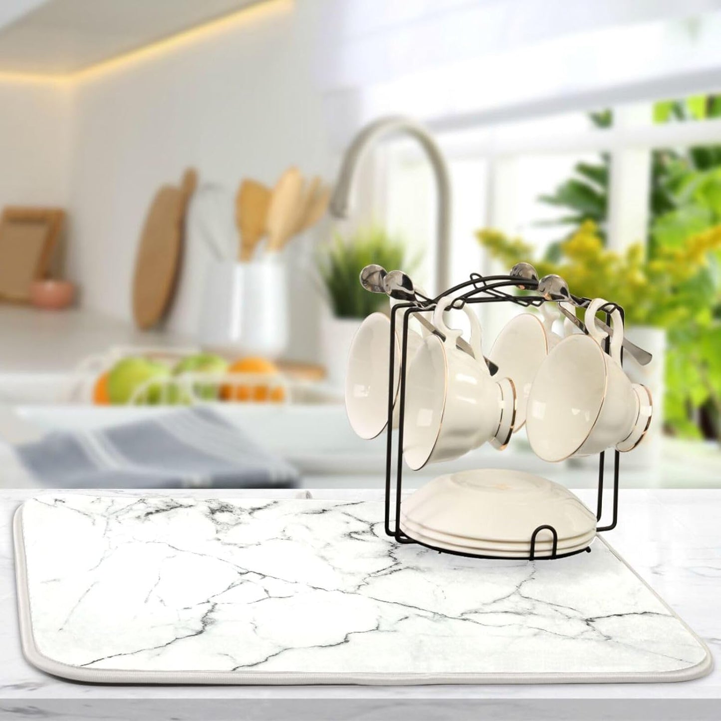 White Grey Marble Dish Drying Mat for Kitchen Counter Absorbent Microfiber Drying Pad, Medium 16x18 in, Reversible Drainer Mats