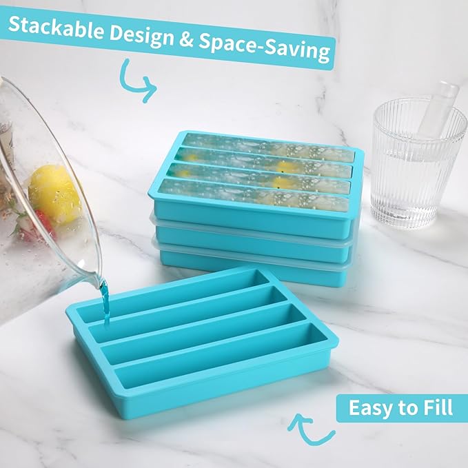 Water Bottle Ice Mold Tray - Silicone Creates 16 Frozen Sticks for Sports, Soda, & Bottled Beverages,Easy to Remove Ice,Reusable Maker with Lid for Stacking (Blue 4 Pack)