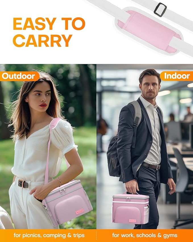 HOTOR Insulated Lunch Box for Men & Women - Leak-Proof Cooler Lunch Bag with 4 Pockets, Adjustable Strap, Ideal for Work, Picnic, Travel - Medium, Light Pink, 10.2"×6.9"×8.5"