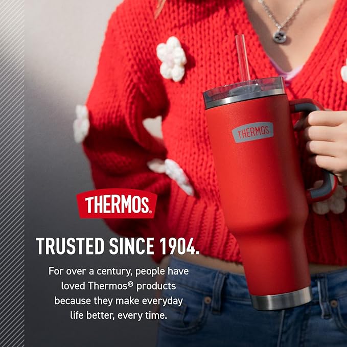 THERMOS Stainless Steel Cup Holder Mug - 40 Ounce, Sandstone - Insulated Tumbler with Lid and Straw, Plus Leak-Resistant Slide Lock
