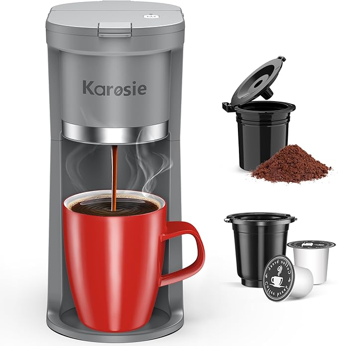 Small Single Serve Coffee Maker, Fast Brew for K-Cup & Ground Coffee, 6-12 Oz Brew Sizes, One-Button Single Cup Coffee Maker, Coffee Machine with Descaling Reminder,Grey,9.25 inches
