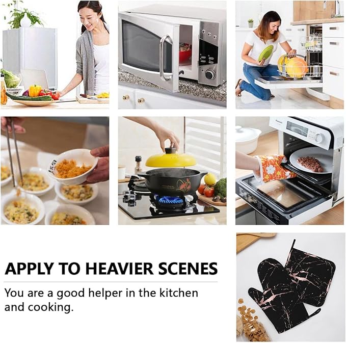 Rose Gold Black Marble Modern Oven Mitts and Pot Holders Sets of 4, Heat Resistant Silicone Oven Mittens and Potholders Gloves Hot Pads for Kitchen Cooking Baking Grilling BBQ Chef